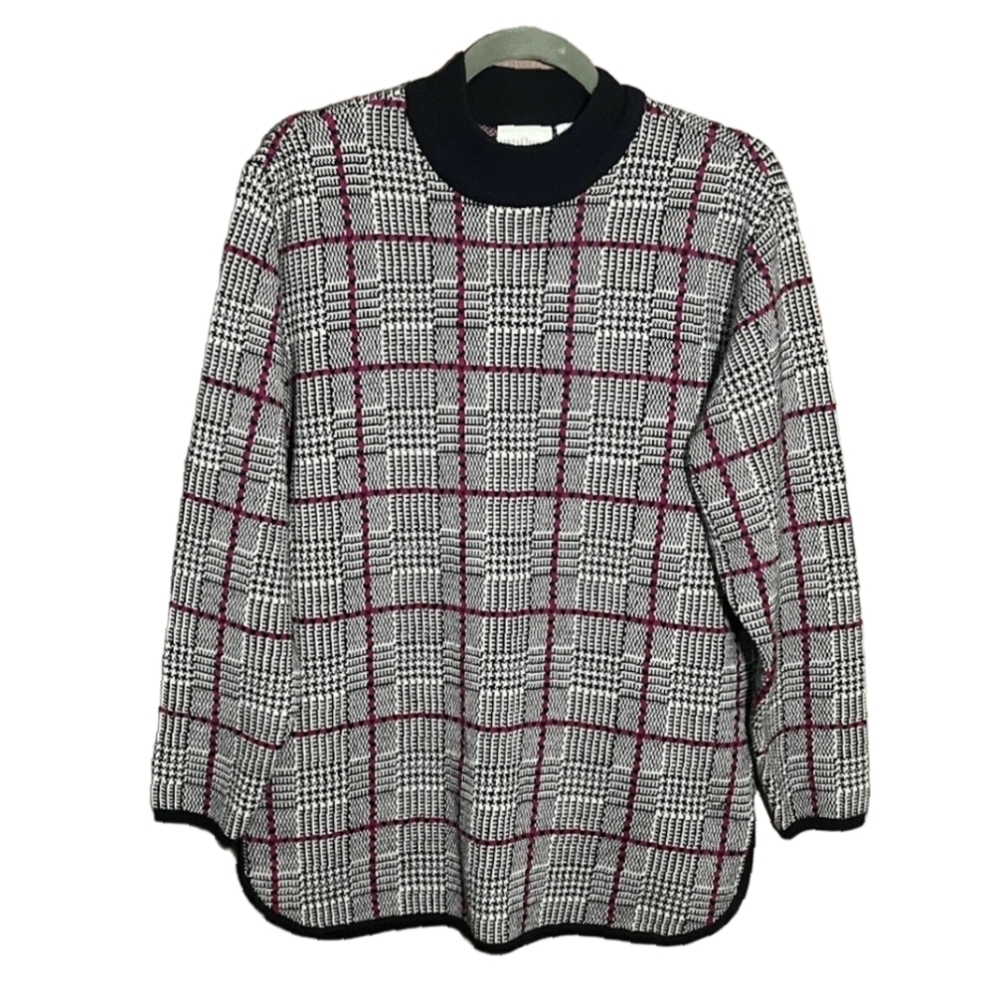 First Issue Knit Houndstooth Plaid Mockneck Sweater Merino Wool Cabincore Small